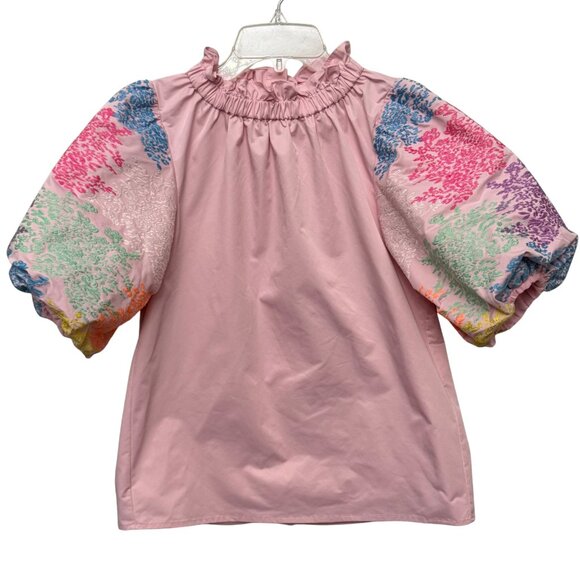 THML Women's Pink Embroidered Puff Sleeve Top - Size XS - Picture 2 of 10